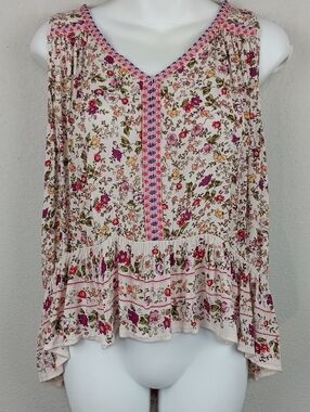 Patrons of Peace Cream Floral Crochet-Trim V Neck Sleeveless Boho Top sz M